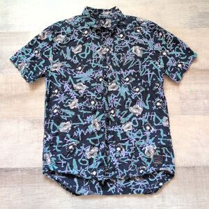 Quicksilver Men’s Hawaiian Boarding Shirt Navy Blue Slim Fit Cotton Size Small S